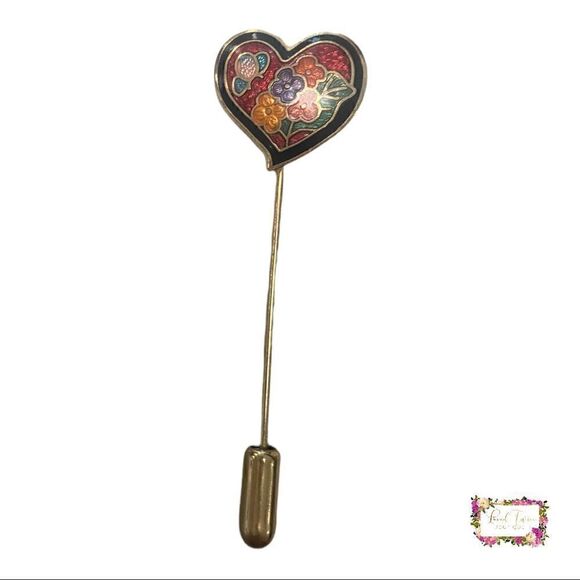 Vintage Heart Shaped Cloisonné Floral & Butterfly Stick Pin - Picture 4 of 14